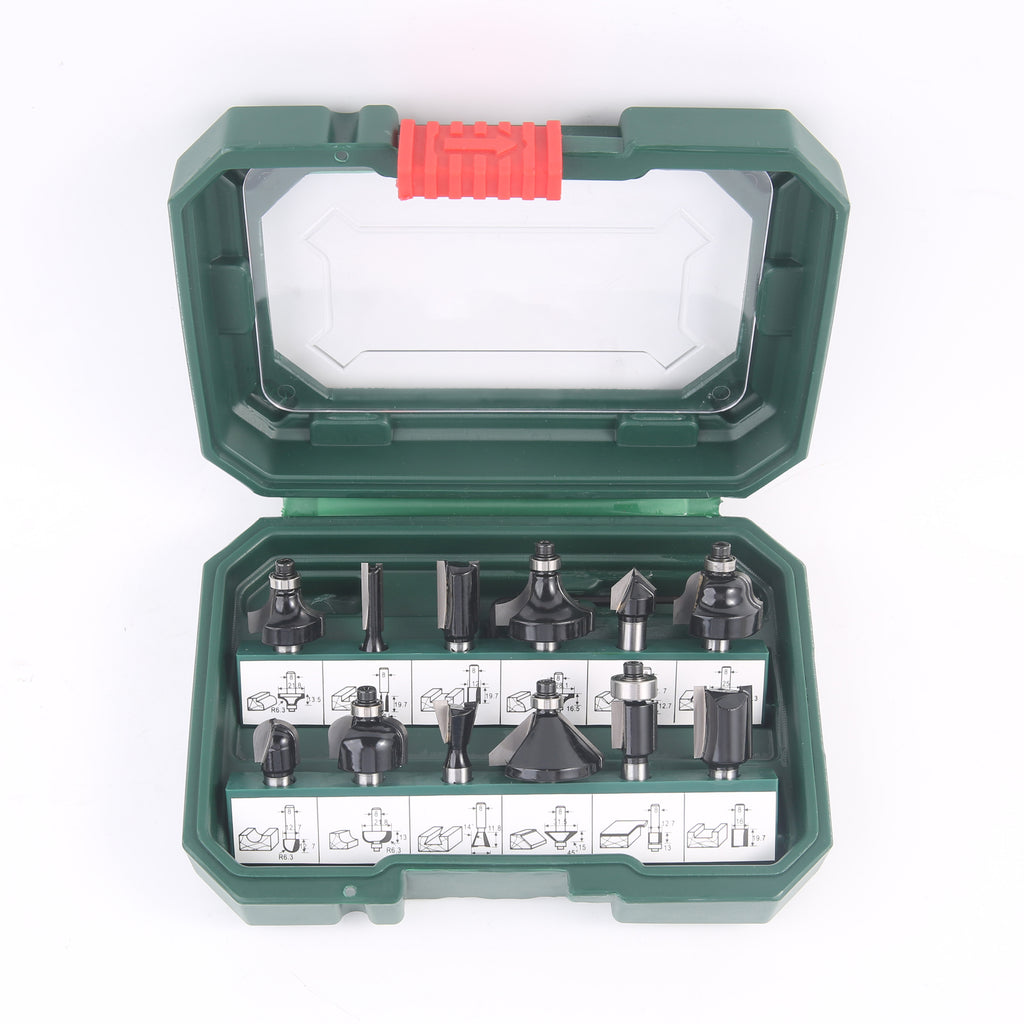 12PC Router Bit Set with Straight Bit Woodwork Tools, Including Dovetail, Chamfer, Straight, V Grooving Router Bit