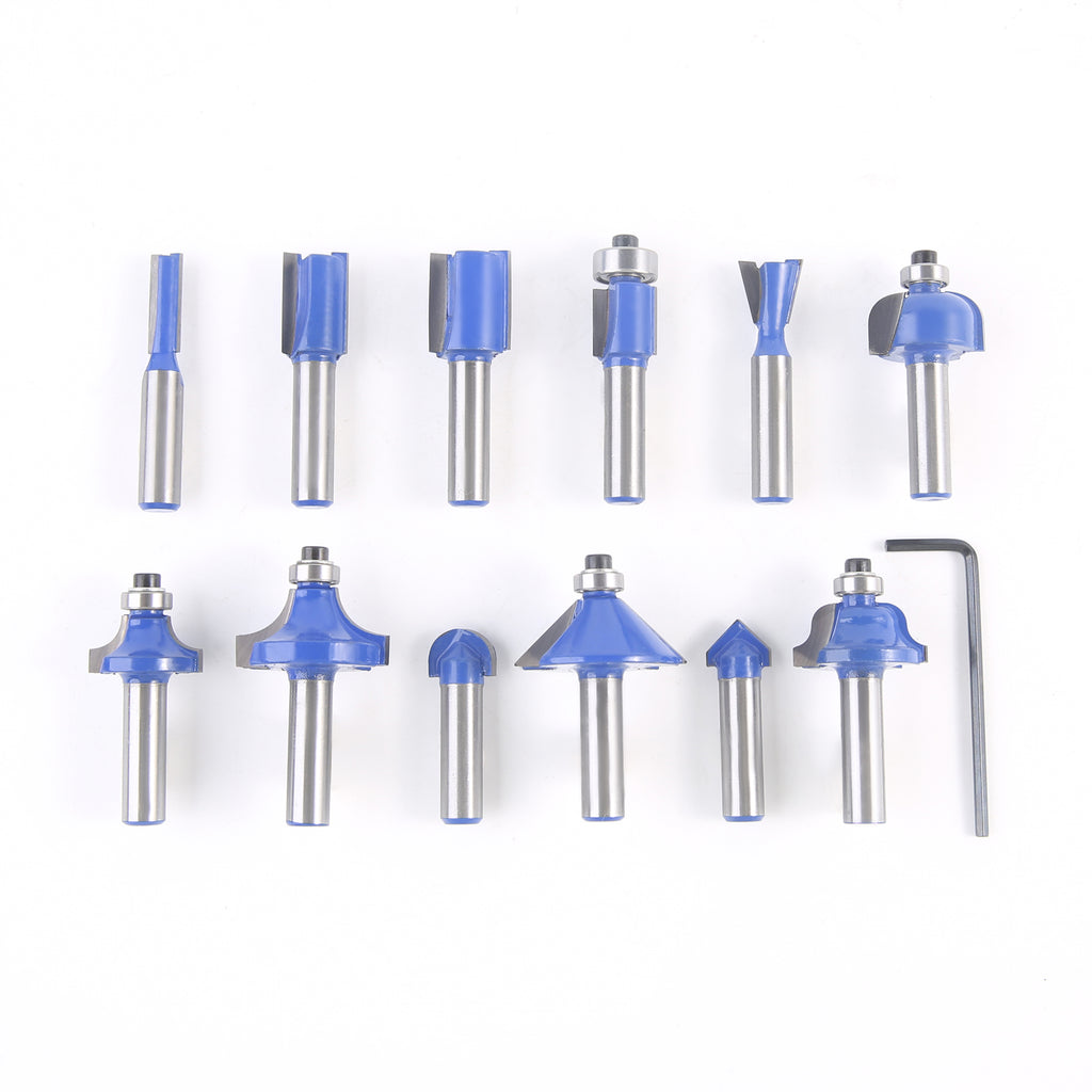 12PC Router Bit Set with Straight Bit Woodwork Tools, Including Dovetail, Chamfer, Straight, V Grooving Router Bit
